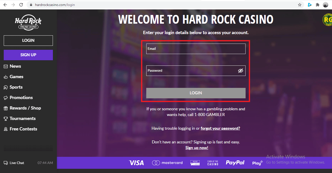 Hard Rock Casino Login Page