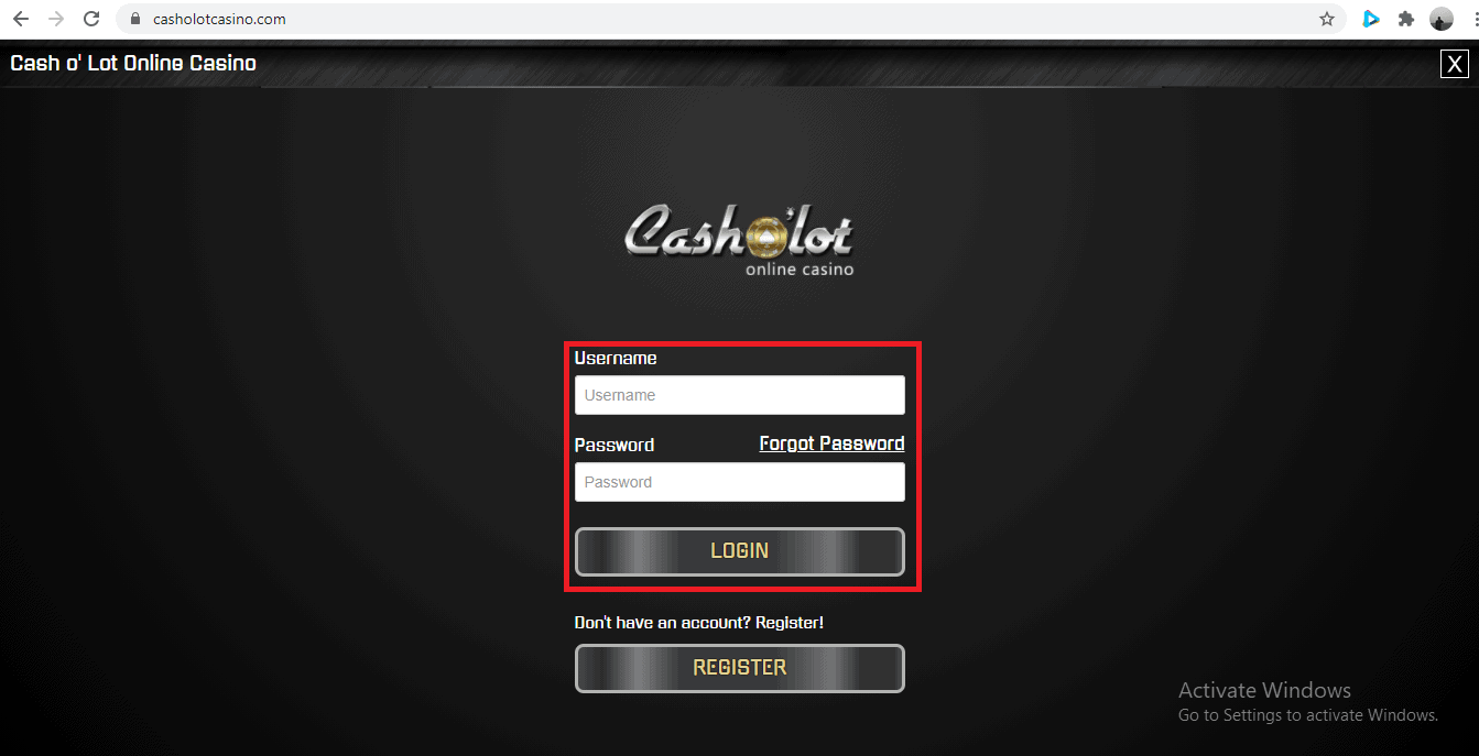 Cash o' Lot Casino Login Page