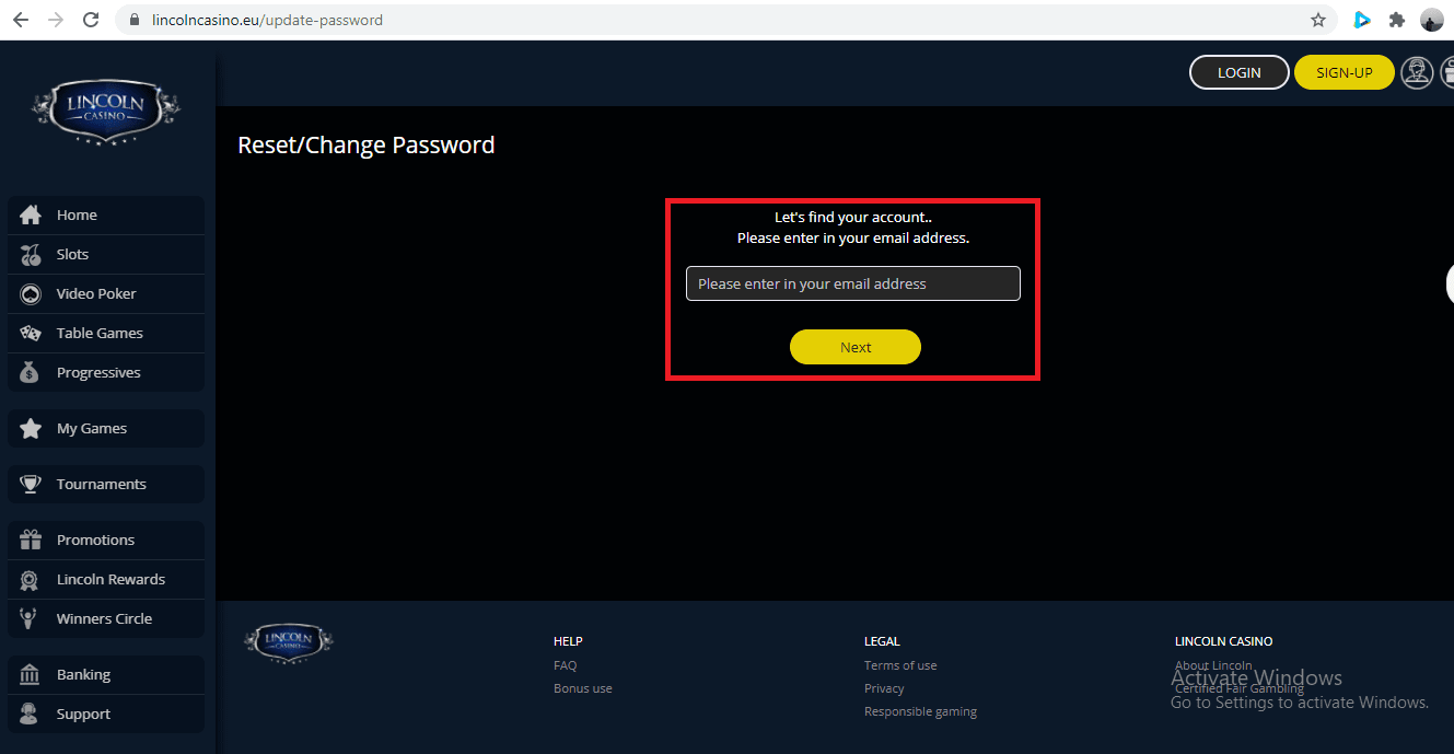 Lincoln Casino Username Password Recovery Page