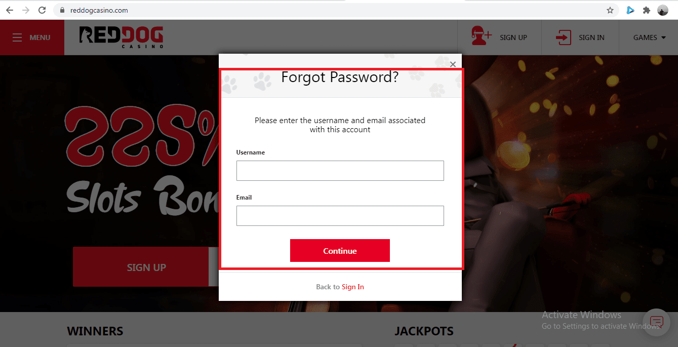 Red Dog Casino Forgot Password Popup