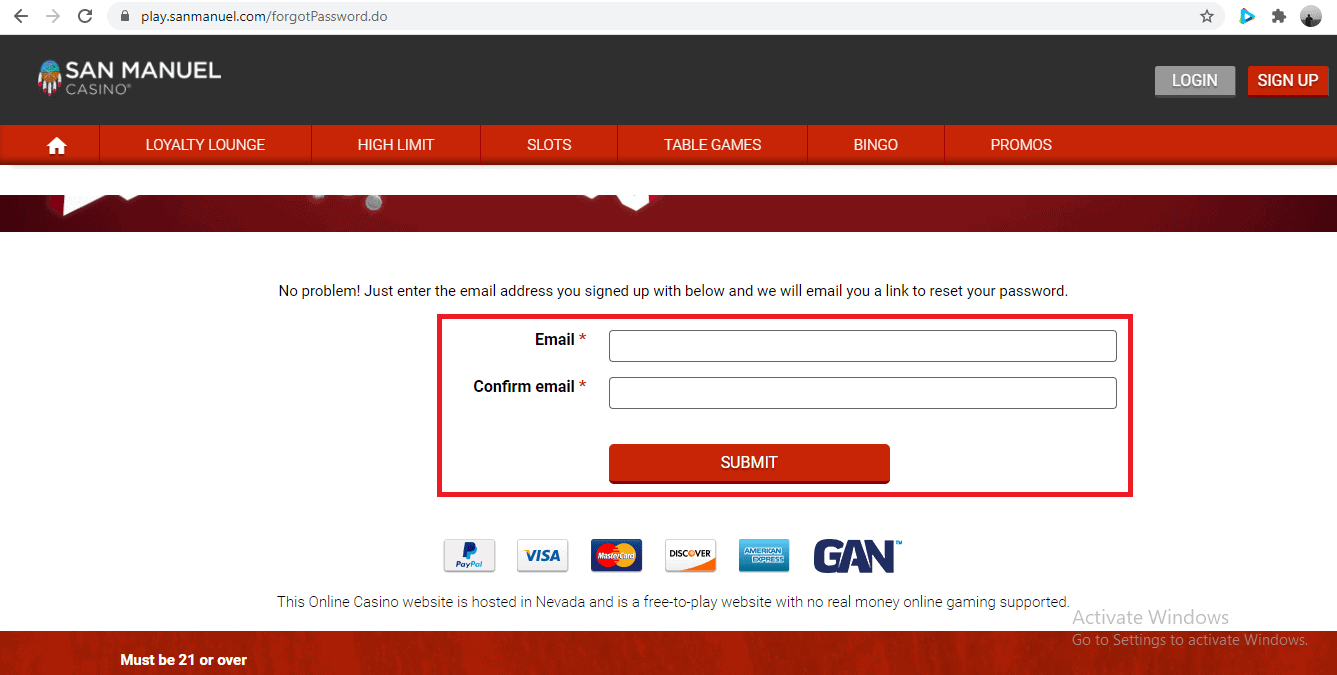 San Manuel Casino Password Recovery Page