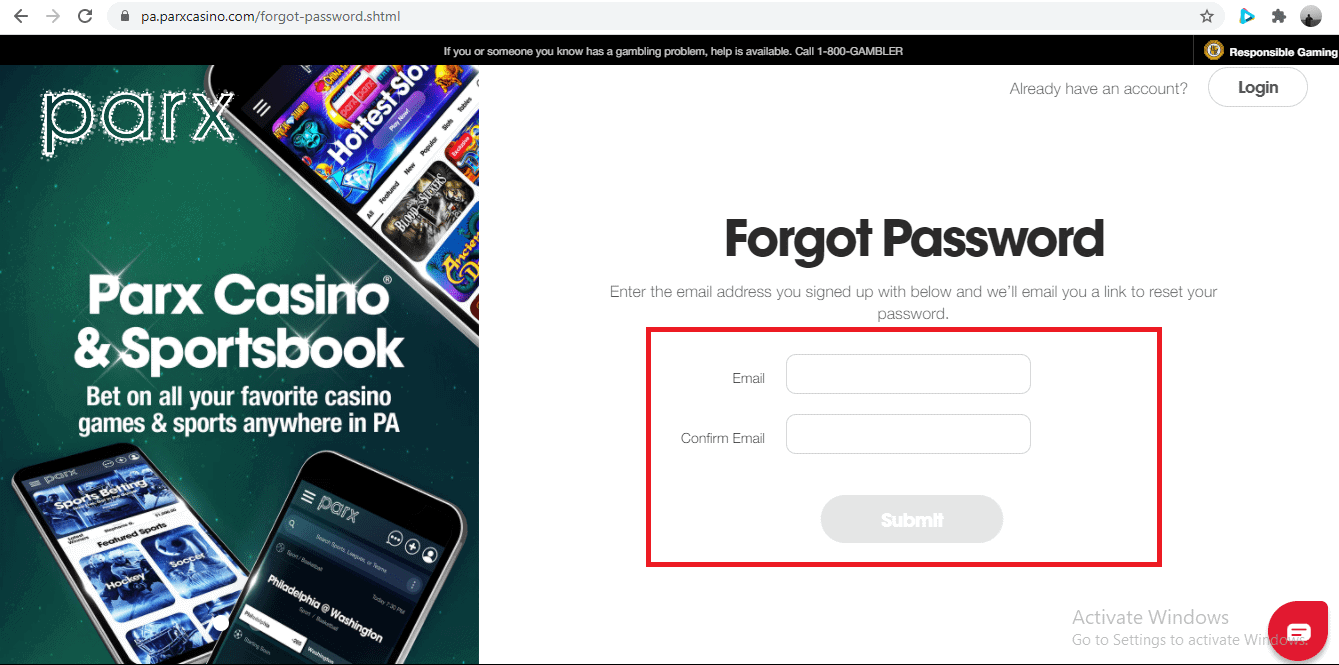 Parx Casino Password Recovery Page